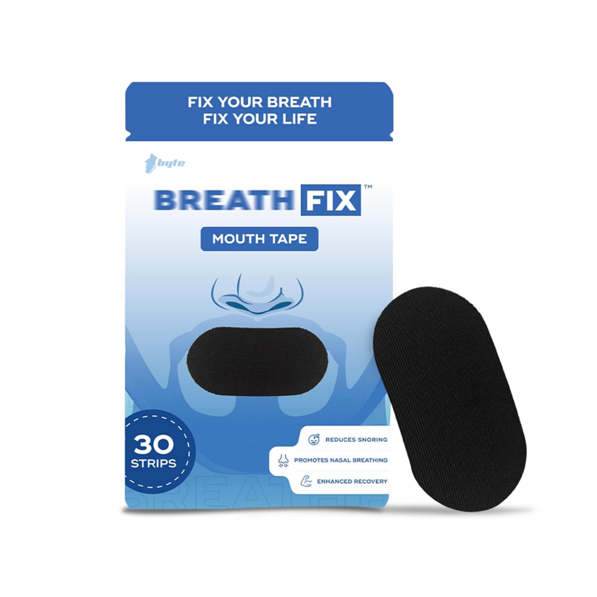 BREATH FIX Black Mouth Tape, Nasal Breathing Support, Hypoallergenic Adhesive, By Byte, Comfortable Fit, CDSCO Approved, Pack of 30