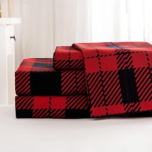 Miniatura 7 de KACEMOO Juego de sábanas tamaño King de 4 piezas  Sábanas estampadas a cuadros rojos y negros de enfriamiento suave de 1800 hilos cepillados, sábana