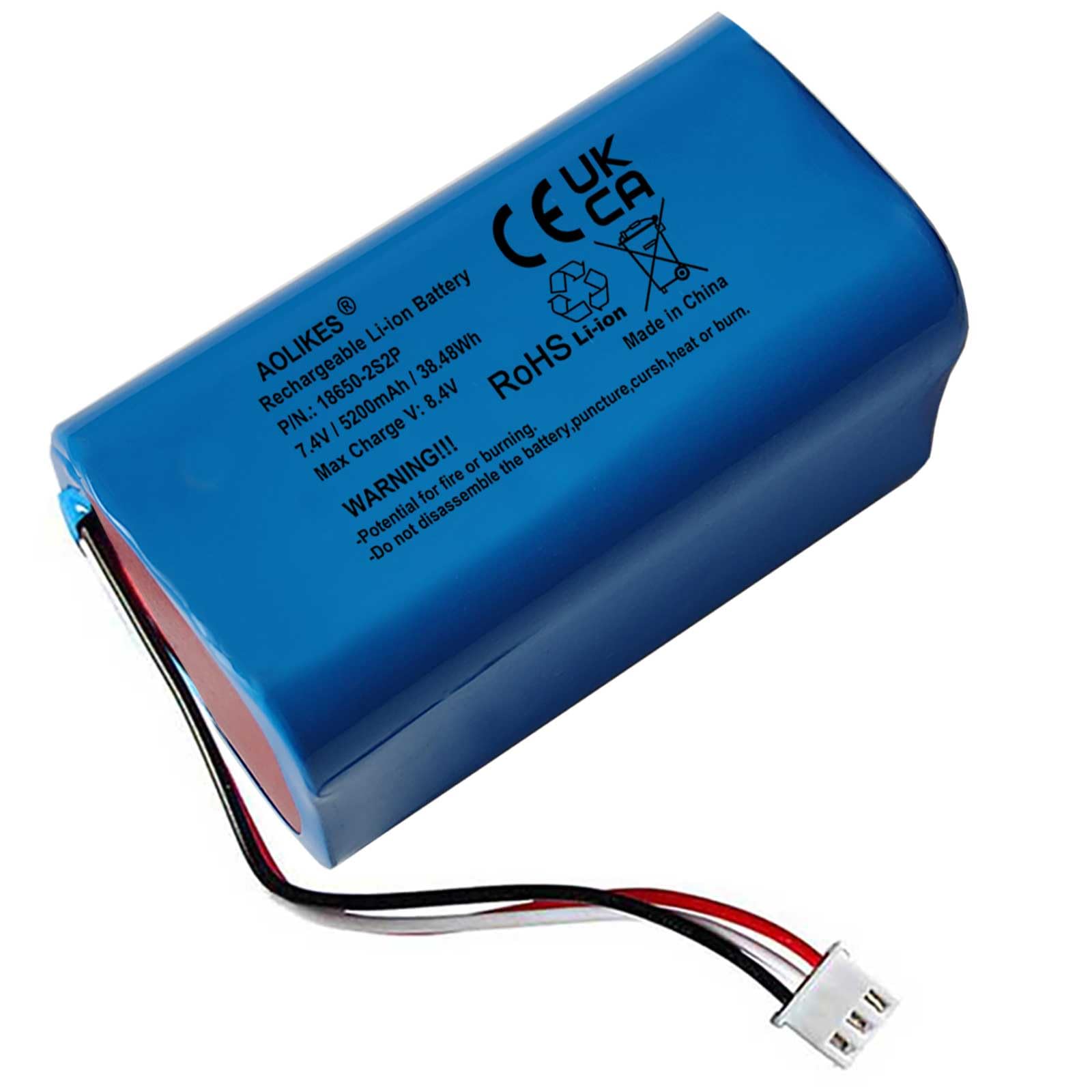AOLIKES Batterie lithium-ion rechargeable 18650 2s2p 5200 mAh 7,4 V avec connecteur XH2.54/3P mâle / cellules 5C / prend en charge la charge rapide