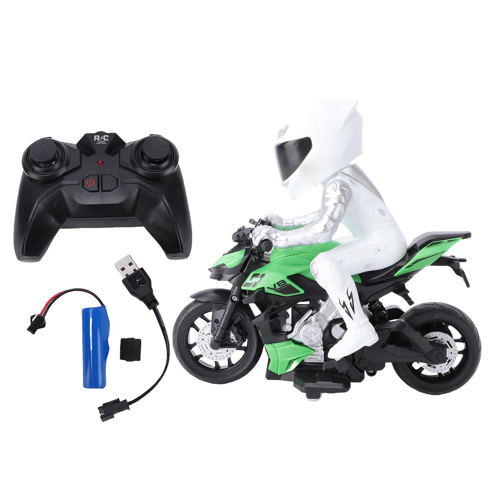 Moto Télécommandée, Moto RC Haute Vitesse Cascade avec Figurine, Effets Lumineux RGB et Moteur électrique, Jouets Rechargeables pour Enfants de 4 à 12 Ans (Green)