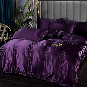 Satin Bedding Set Queen Deep Purple Silk Like Satin Duvet Cover Set Luxury Soft Comforter Cover Adults Bedroom Decor Chic Luxurious Silky Bedspread Cover Zipper (1 Duvet Cover + 2 Pillow Case)