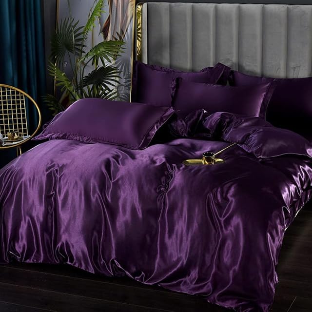 Ensemble de literie satinée Queen Deep Purple Silk Comme Satin Couvercle Couleur Luxury Soft Comforter Couture Adultes Chambre Décor Chic Luxueux Coupe de lit soyeux Zipper (1 Couverture de couettes + 2 Cas d'oreiller)
