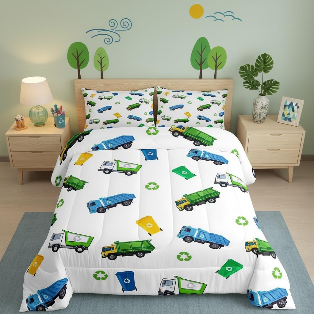 Juego de edredón de camión de basura, tamaño individual, juego de ropa de cama de coche de dibujos animados para niños, adolescentes, niñas, decoración de habitación infantil, suave, blanco, verde,