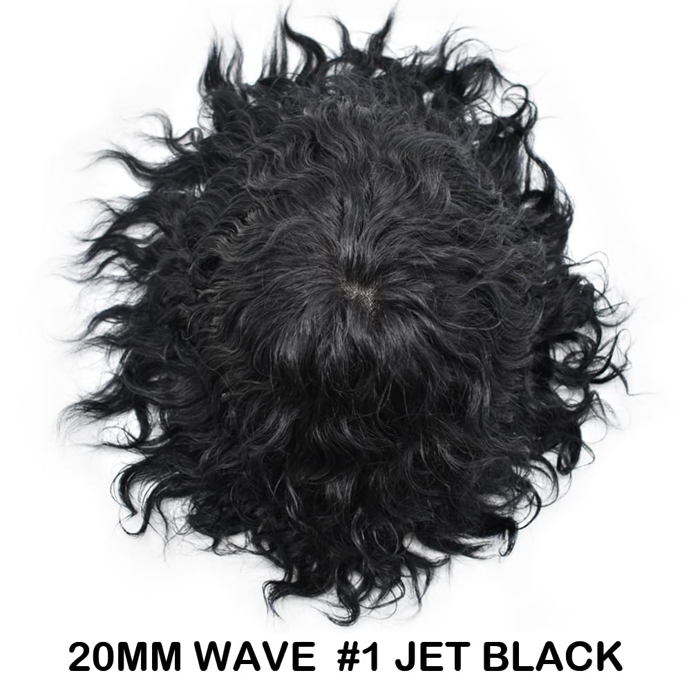 Afro Toupee For Black Man Hair Unit For American African Men Hair Unit Brazilian Human Hair Afro Toupee For Black Men HairPiece Real Human Hair Unit (8X10, #1B Off Black-6MM Wave)