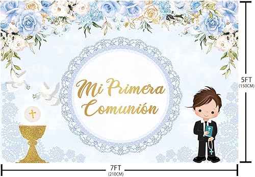 Miniatura 5 de Telón de fondo de bautismo de 7 x 5 pies para niño Mi Primera Comunión Bautizo Fotografía Fondo Dios bendiga Primera Comunión Banner Palomas Cáliz