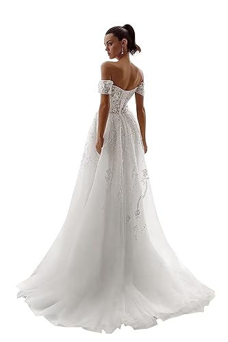 Off Shouler Lace Applique Tulle Wedding Dresses for Bride Sparkly Floral Laces Tulle A-Line Wedding Gowns