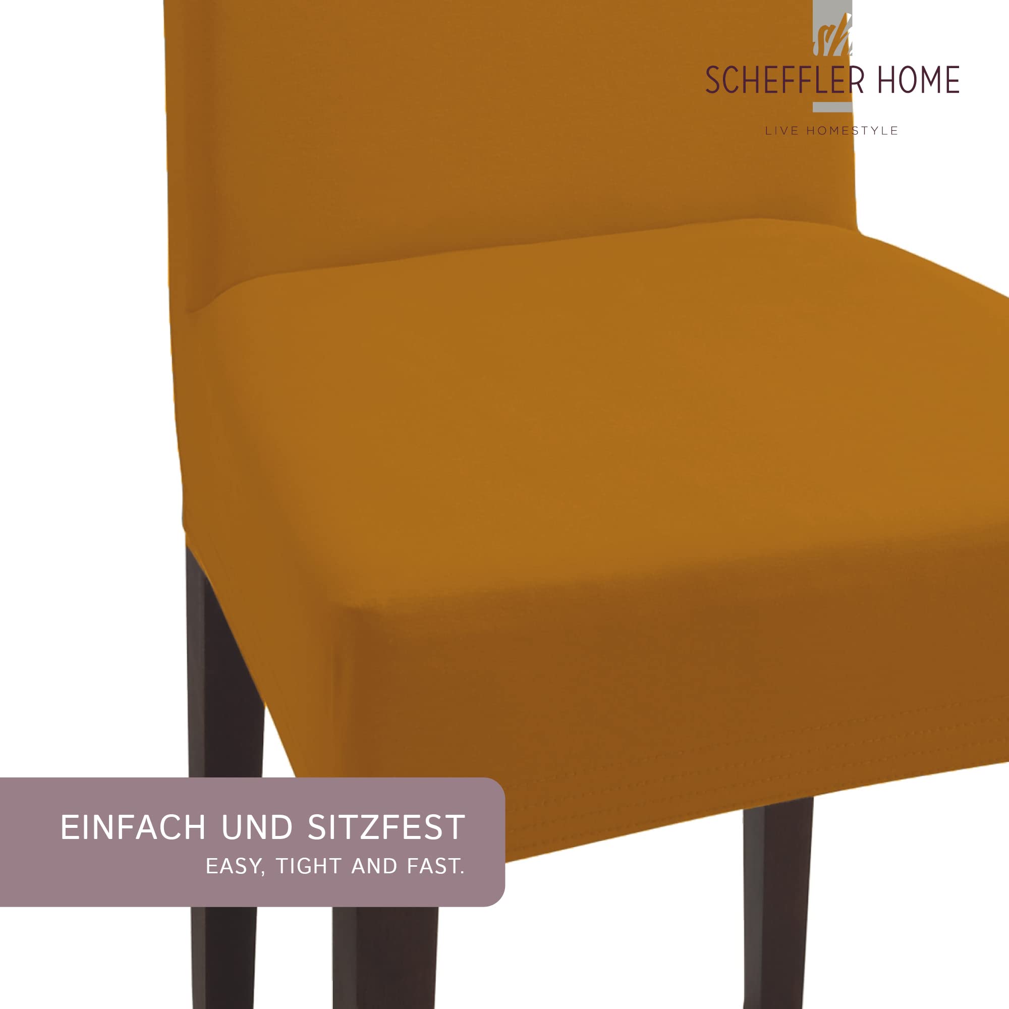 Scheffler Home Stuhlhussen Senfgelb 4er Set Jersey Baumwolle Natalie | Waschbare Stretch-Stuhlbezüge für Schwingstühle, Freischwinger und Esszimmerstühle, Öko-Tex zertifiziert