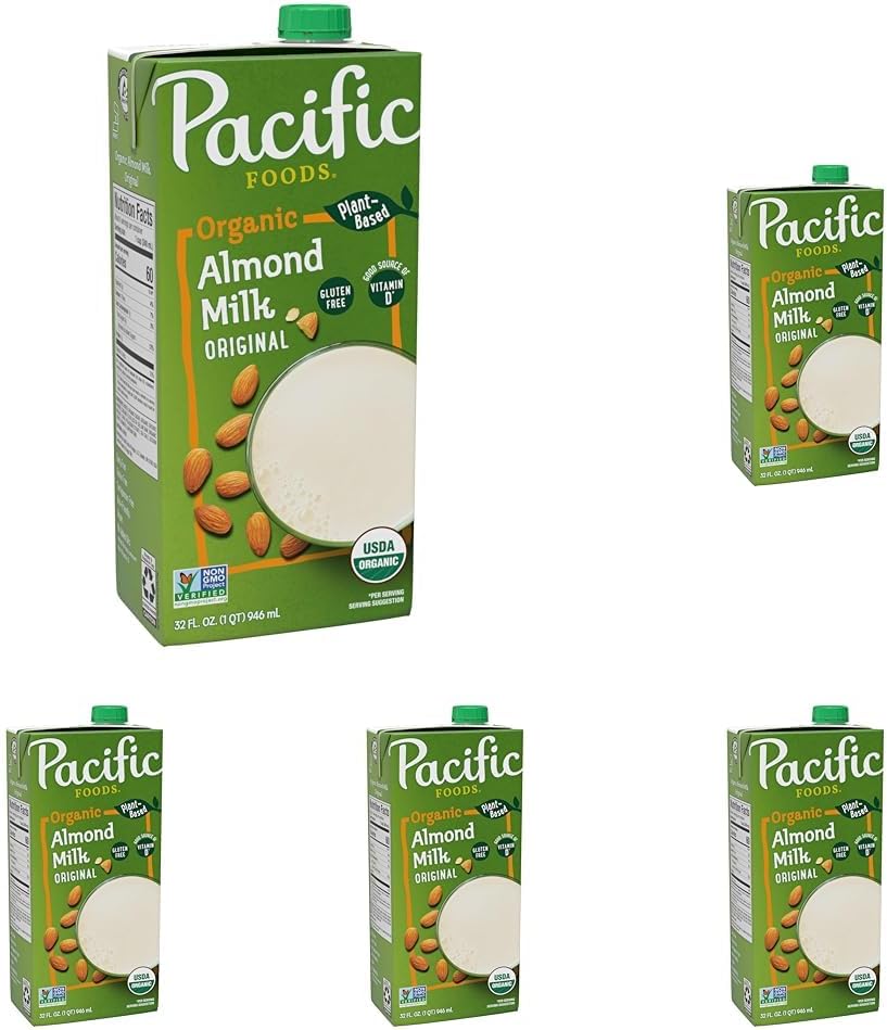 Pacific Foods Original Organic Almond Milk, Plant Based Milk, 32 oz Carton (Pack of 5)