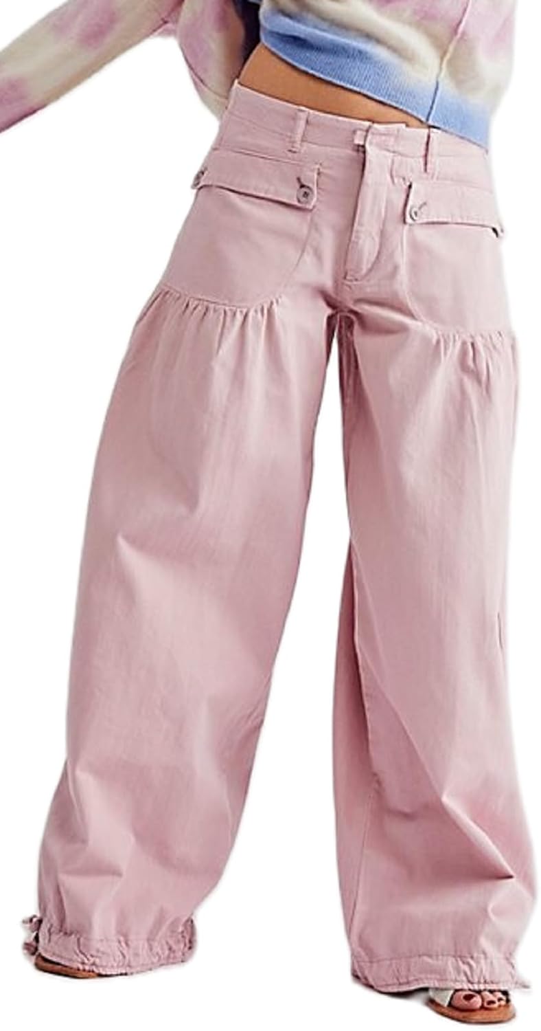 Women Baggy Cargo Jeans Mid Waist Wide Leg Ruffle Drawstring Parachute Denim Pants Vintage Sweatpants Pockets