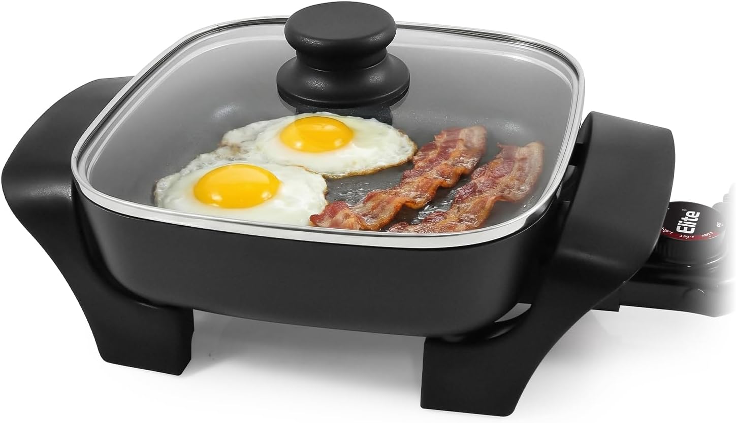 Elite Gourmet EG808 8x8 Non-Stick Electric Skillet with Glass Lid, Dishwasher Safe, Rapid 600W Heat, Black