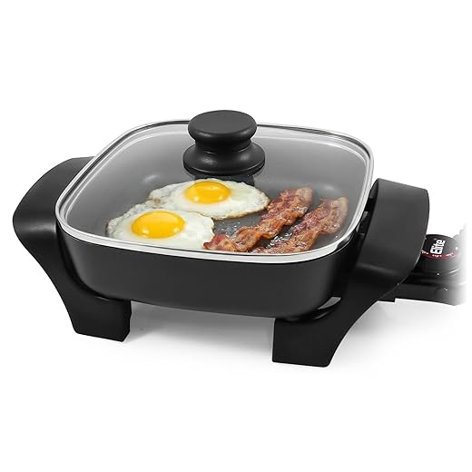 Elite Gourmet EG808 Electric Skillet 8"x8" Non-Stick Coating, Tempered Glass Lid, Removable Thermostat 200°F–400°F, Dishwasher Safe, 600W Compact 2.5-Qt Capacity for Eggs, Bacon & One-Pot Meals, Black