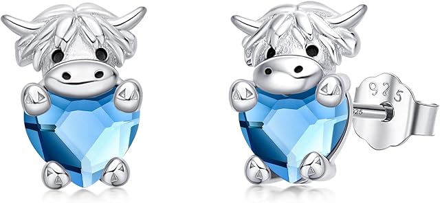 Highland Cow Earrings 925 Sterling Silver Birthstone Earrings Cute Animal Scottish Cow Stud Earrings with Crystal Jewellery Birthday Gifts for Women Girls Daughter