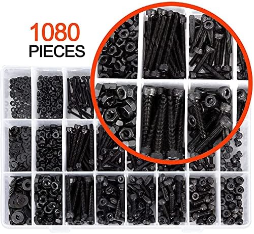 Hakkin 1080Pcs M2 M3 M4 Hex Socket Head Cap Screws Nuts and Bolts Set 12.9 Grade Alloy Steel Hex Socket Head Cap Screws Hex Socket Bolts Nuts and Washers Assortment Kit Black