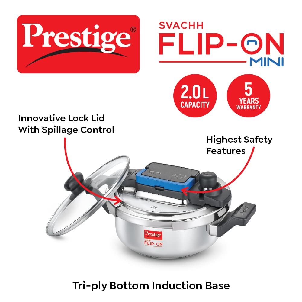 Prestige Svachh FLIP-ON Mini Pressure Cooker with pressure lid and glass lid.