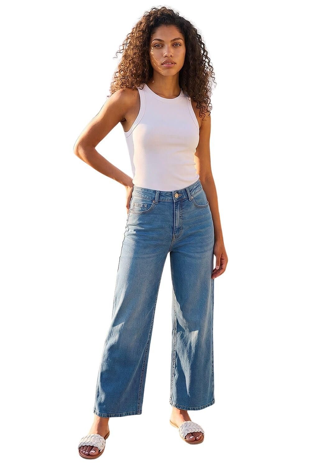 Roman Women's Mid Blue Petite Wide Leg Jeans In | : Size 16