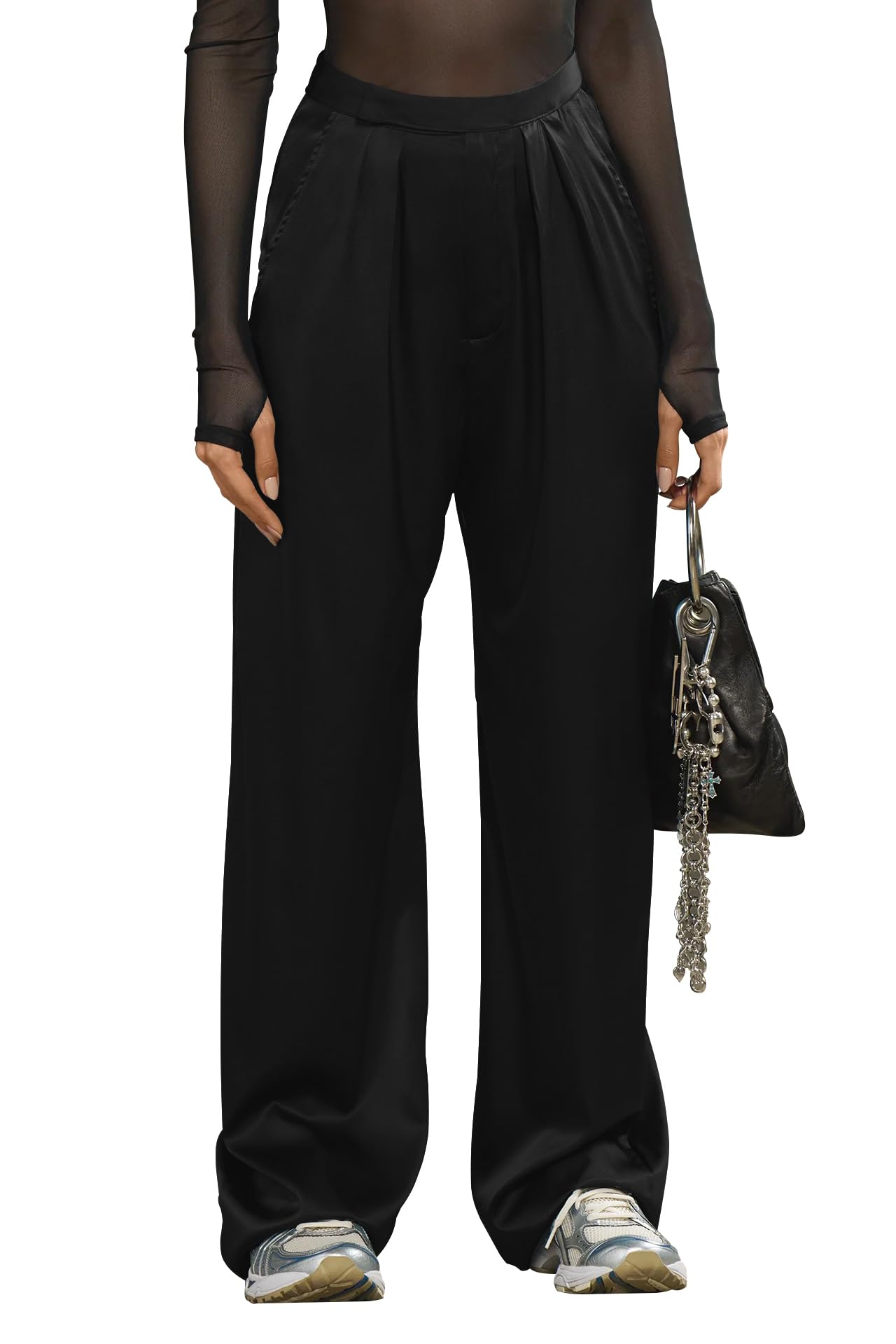 GOKATOSAU Womens Casual Wide Leg Pants High Waist Pleated Satin Straight Long Trousers