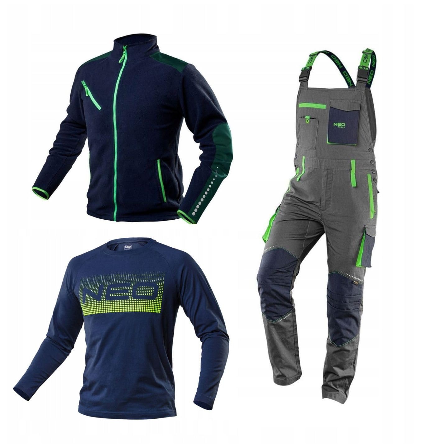 NEO TOOLS Salopette da lavoro da uomo, 100% cotone, 210 g/m2, Ripstop, taglie XS-3XL, ginocchia rinforzate con cordura, elastico in vita e bretelle, elementi riflettenti