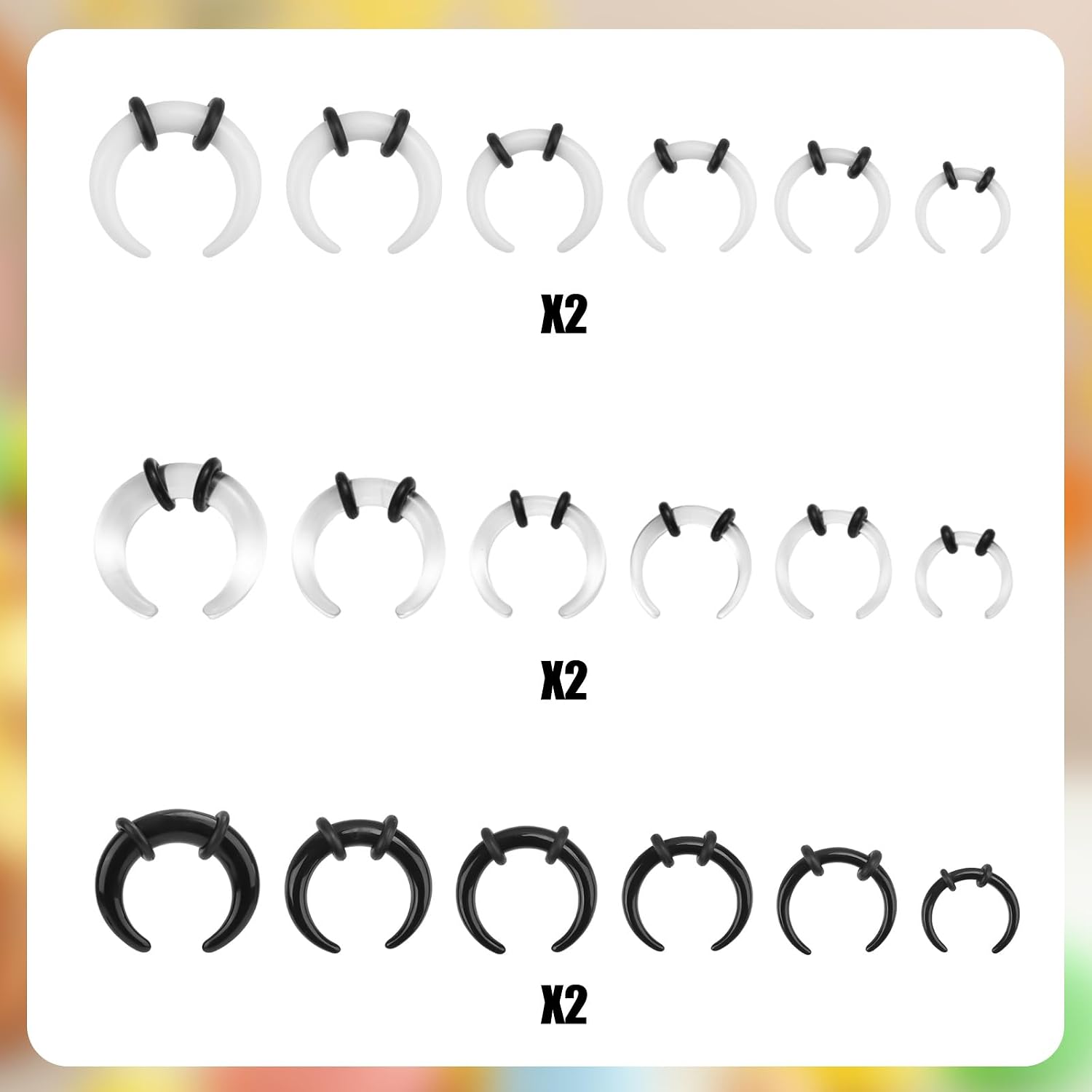 Mikovivi 36pcs Acrylic Septum Ring, C-Shape Septum Pincher Tapers for Nose Ear Size 4G 6G 8G 10G 12G 14G(Black, White, Transparent)