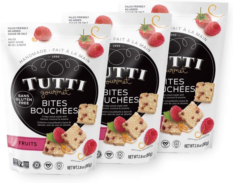 Tutti Gourmet Gluten Free Snacks Bites (Fruits) - No Added Sugar - (3 Pack) 3 x 2.8 oz - Paleo Snacks - Vegan Snacks - Healthy Snacks - Great For Lunch Boxes