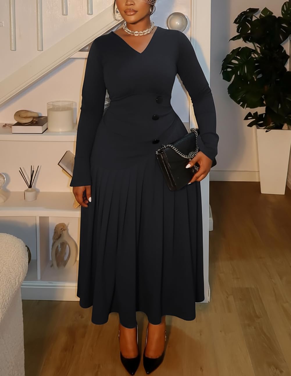 Fooullaide Women's Pleated Midi Dress Elegant V-Neck Bell Sleeve Ruched A-Line Dress for Wedding Guest, Office & Party - Image 3