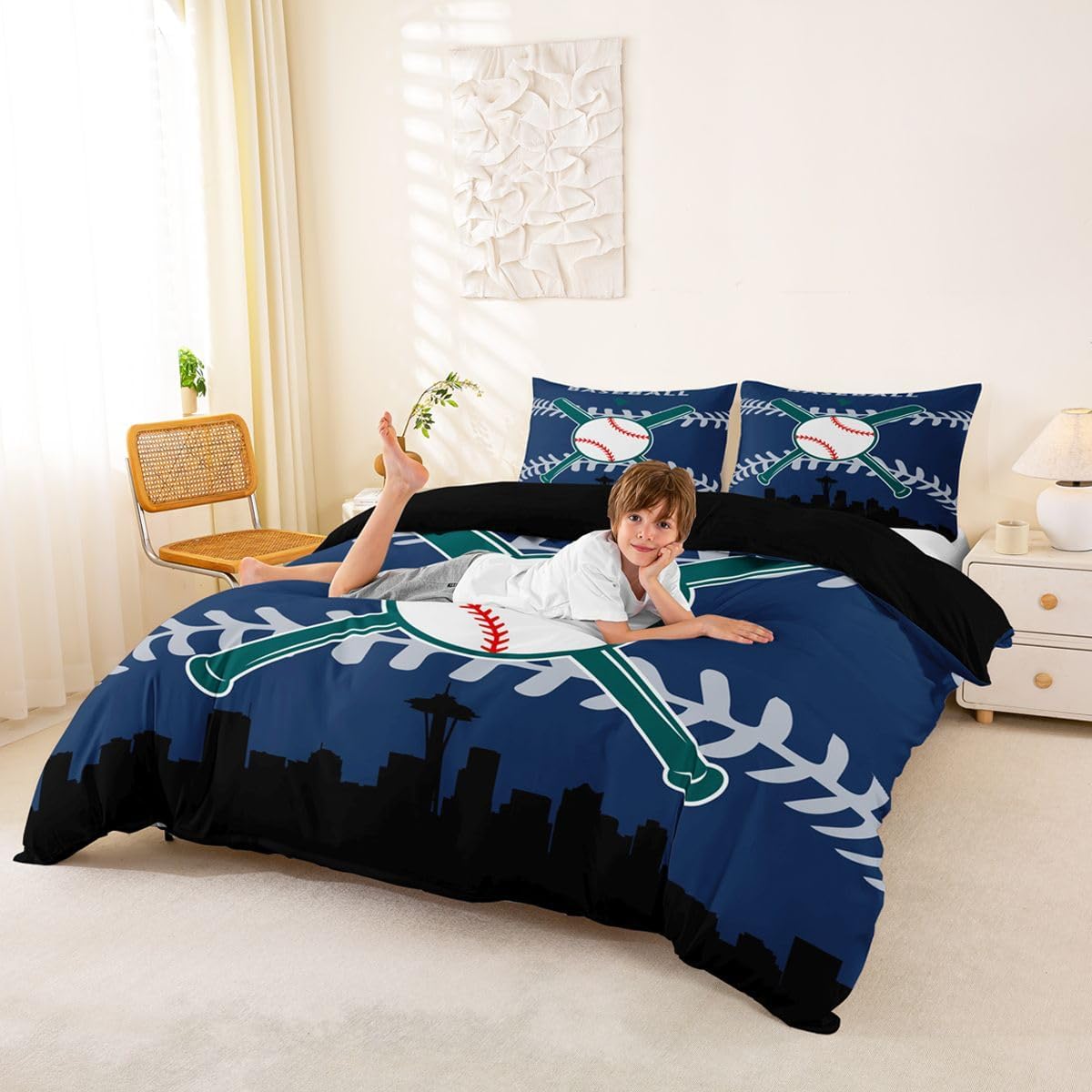 Erosebridal Teen Boy Sports Duvet Cover Full,Baseball Bedding Set for Boys Girls,Baseball Bat Ball Comforter Cover,Baseball Team Quilt Cover with 2 Pillowcases Bedroom Decor(Seattle)