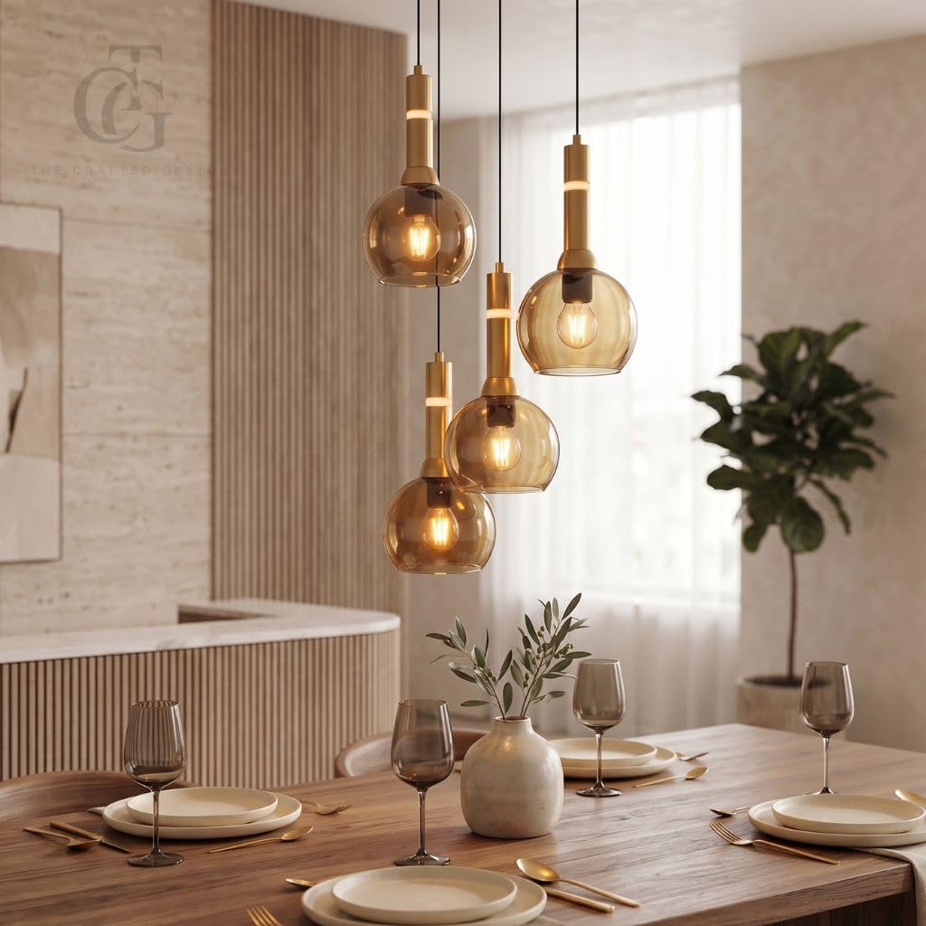 Set of 4-Heads Bowl-Shaped Glass Hanging Pendant Light|Modern Bowl Cluster Ceiling Lamp with Metal Base|Amber-Glass for Living Room, Dining & Café