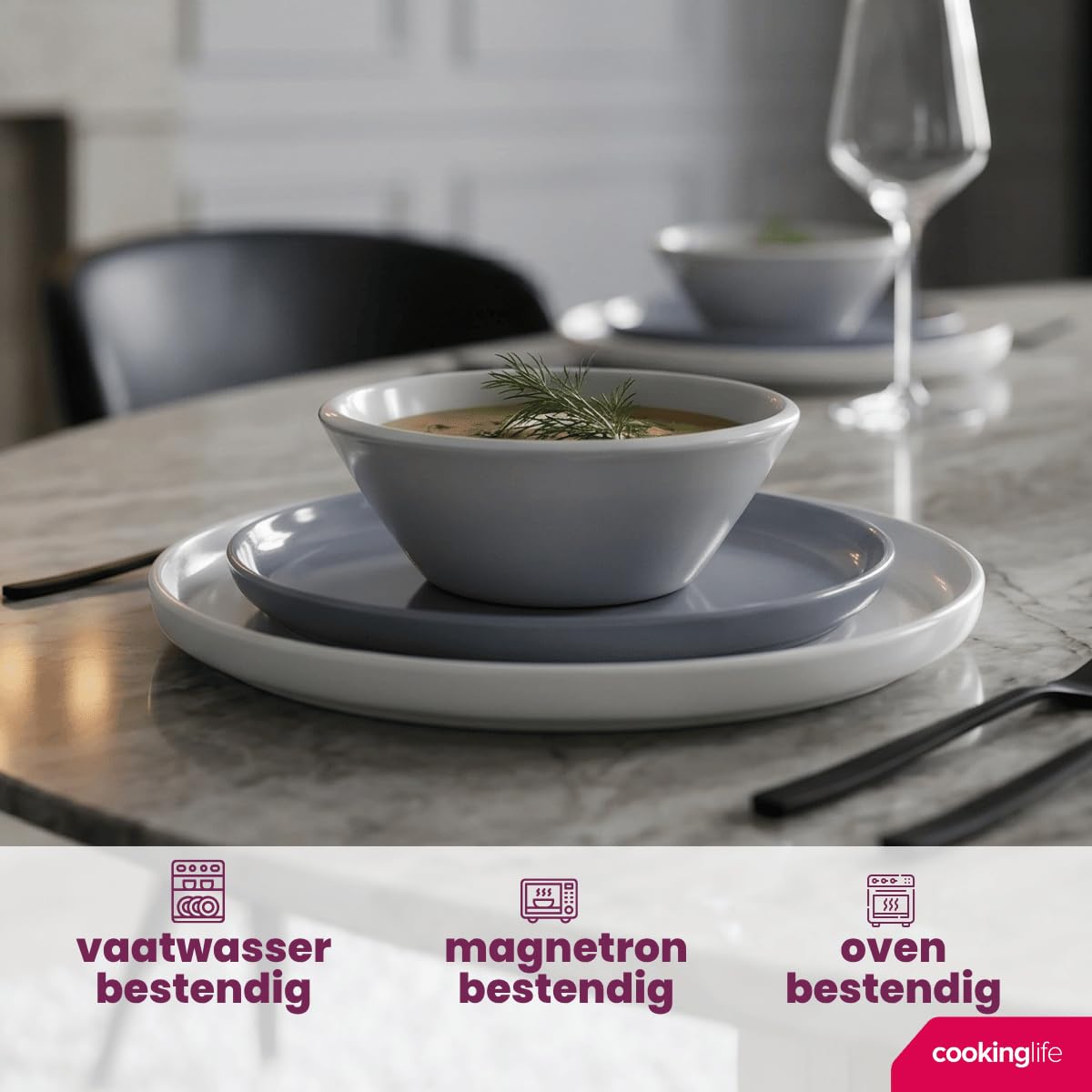 Cookinglife Serviesset Siaki - Wit/Blauw/Grijs - Porselein 18-delig / 6 personen - 6 dinerborden, 6 koszulek i 6 komentarzy