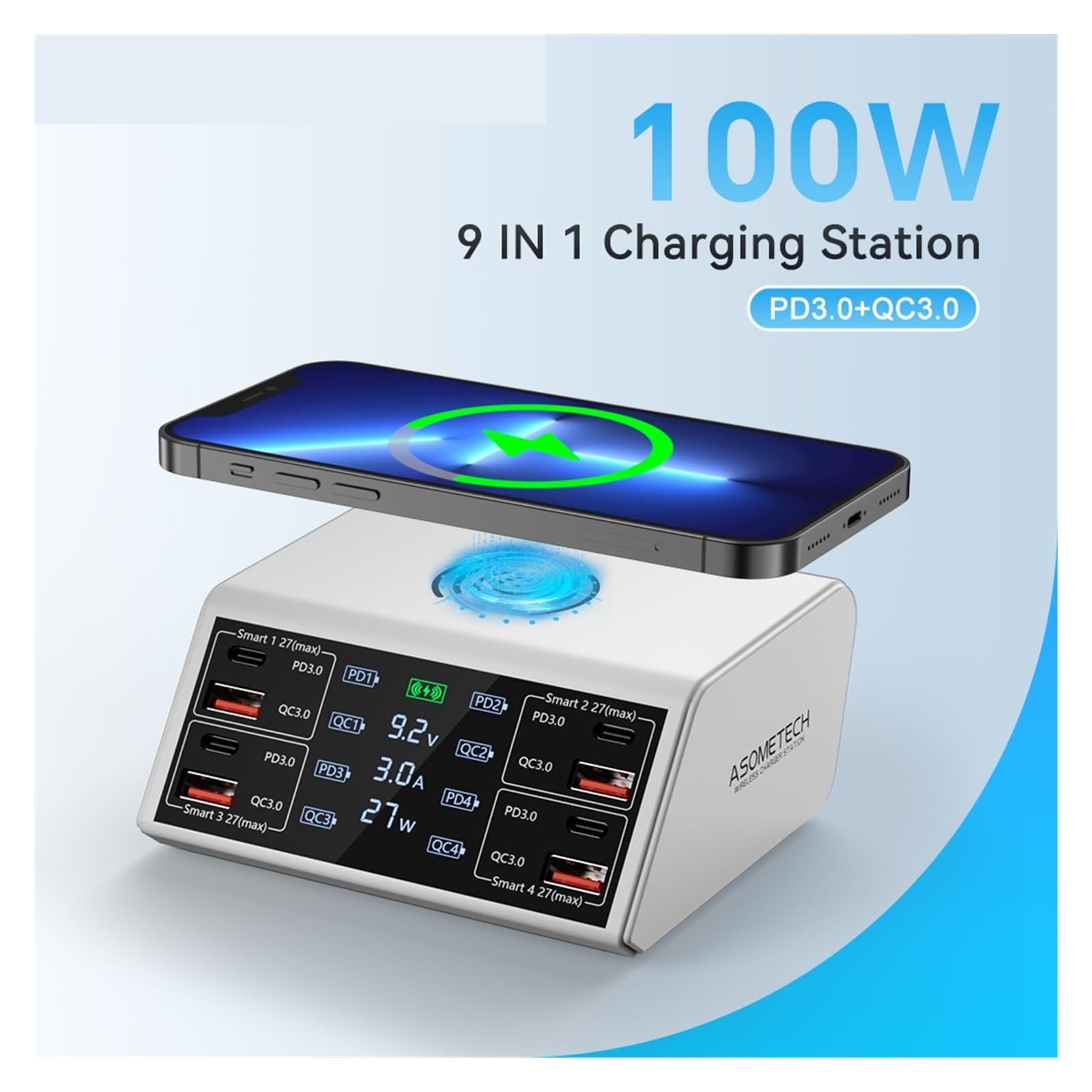 Chargeur multiports, Station de Chargement Rapide USB C 100 W, 4 QC3.0 + 4 PD3.0 PPS + Chargement sans Fil, Chargeur USB 9 en 1 pour la Maison, Le Bureau et Les Voyages(AS838W Black)