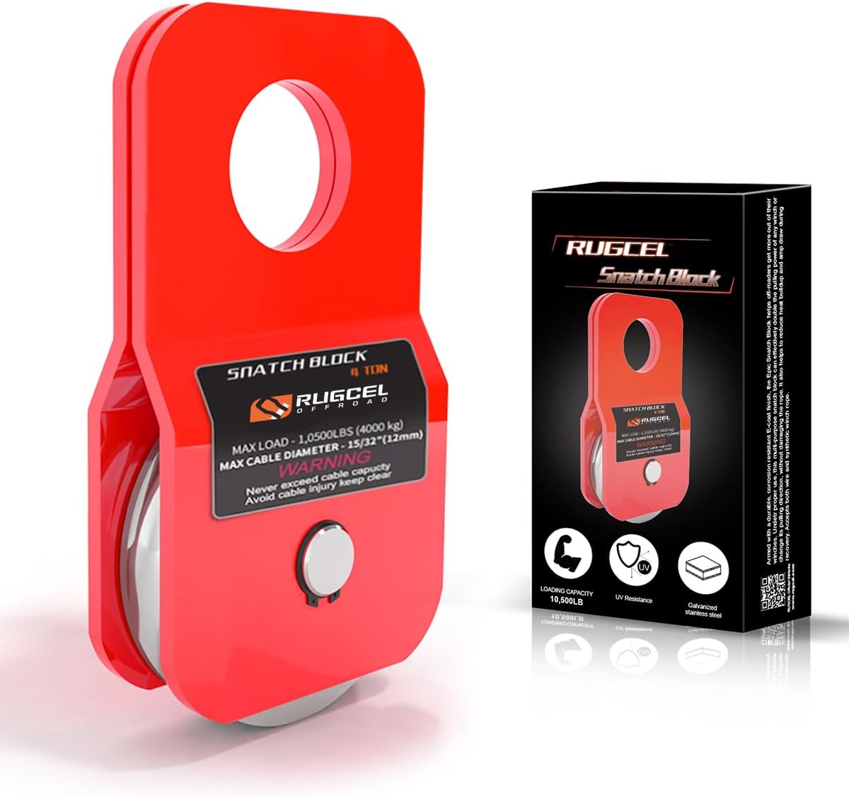 RUGCEL 4.8T Snatch Block, 10500lb (red), for Synthetic Rope or Steel Cable