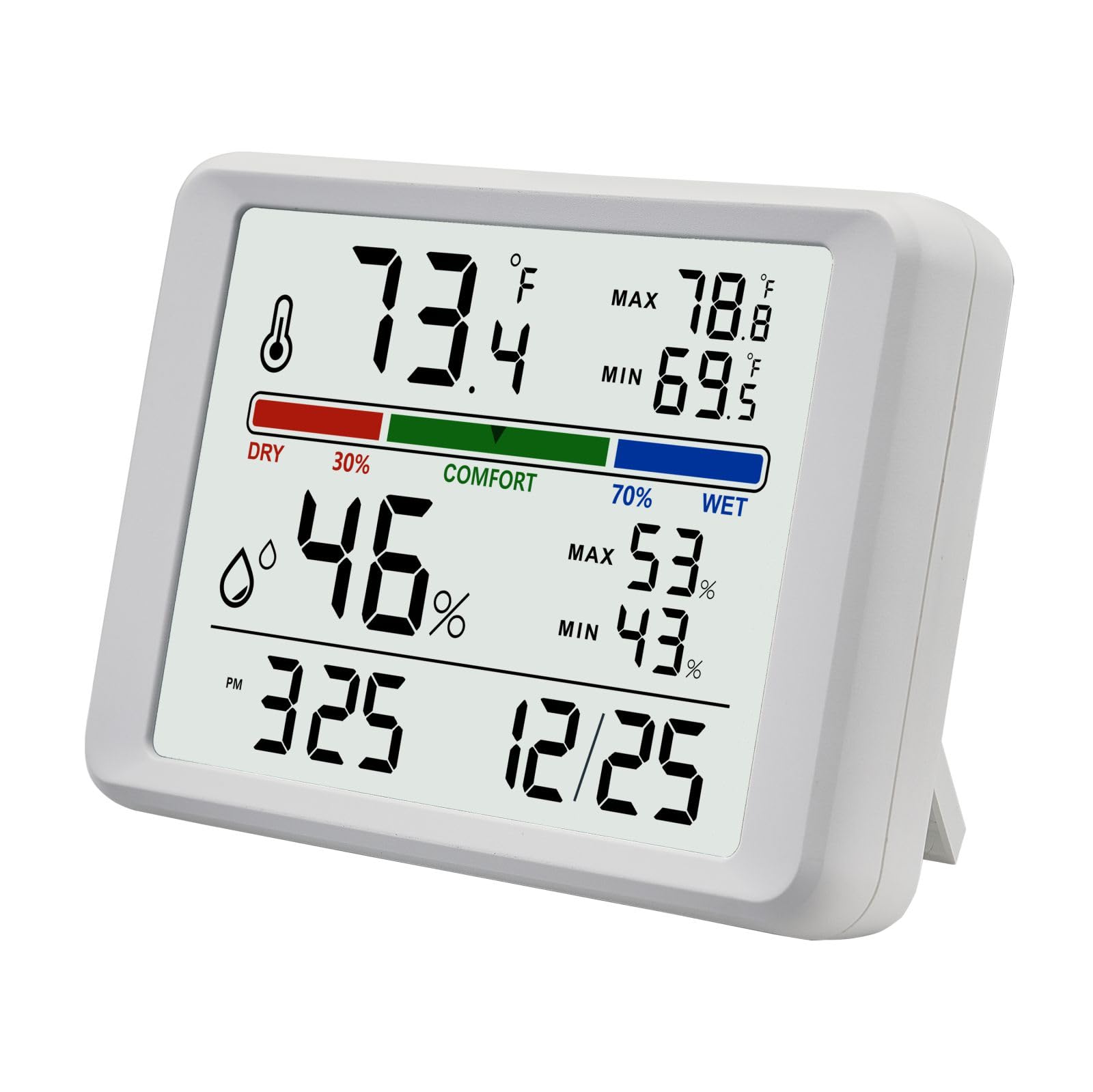 Digital Thermometer Hygrometer, Plumeet Indoor Wall Thermometer with Backlight, Digital Alarm Clock, Date, Air Comfort Indicator, Max Min Record, Desktop Thermometer for Home, White
