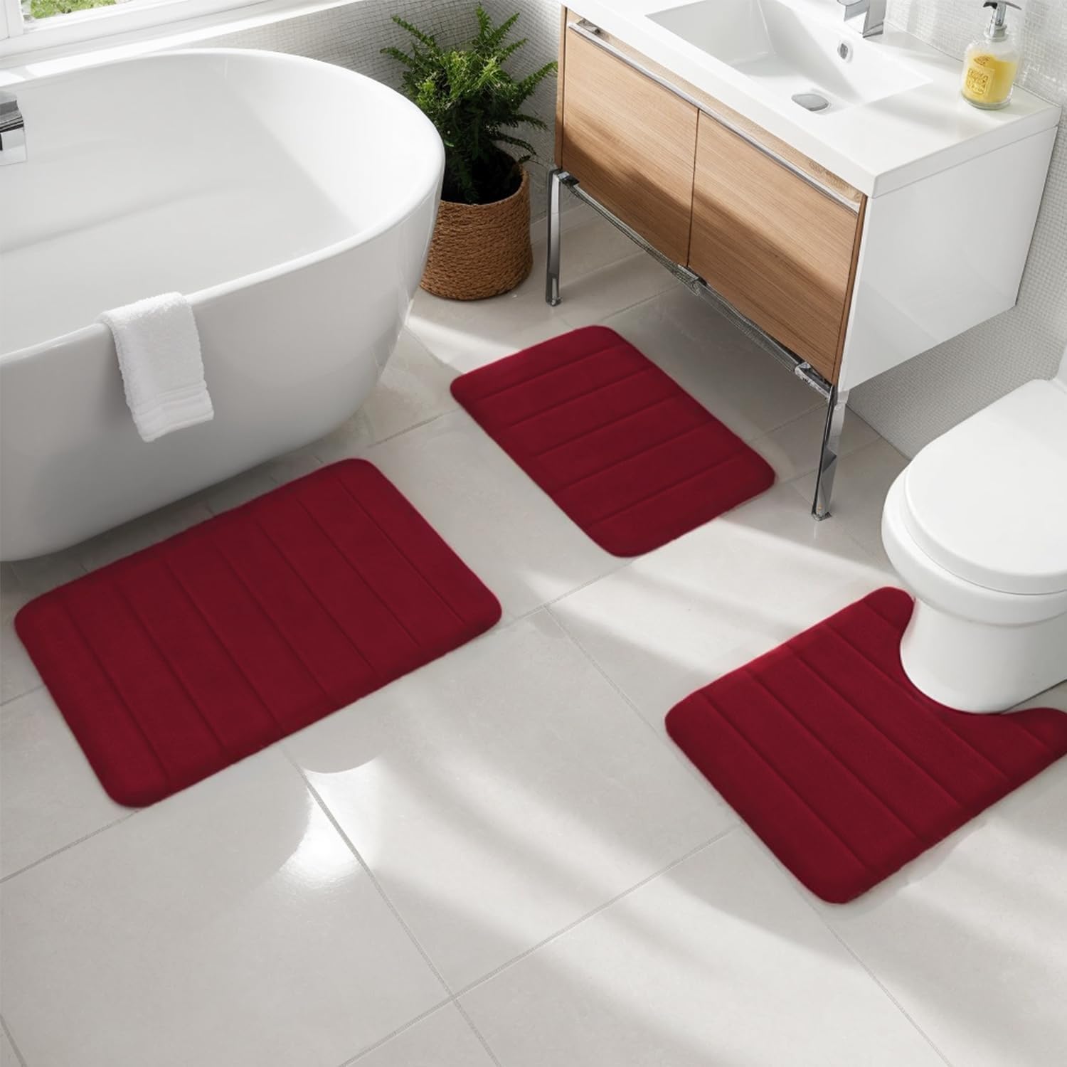 Memory Foam Bathroom Rugs Sets 2 Piece, Extra Soft Absorbent Quick Dry Bath Mat Set, with U-Shaped Toilet Rug, Machine Washable Non Slip Bath Rugs for Bathroom, Shower and Tub, Burgundy - Image 7