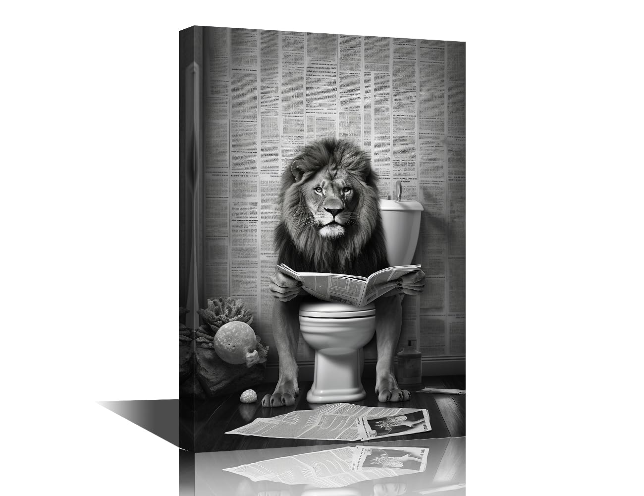 1 Piece Black and White Wall Decorations for Living Room Lion Sit on the Toilet in a Robe Wall Art Lion Reading a Newspaper Bedroom Decor Artwork for Home Walls Framed Ready to Hang (12''Wx 18''H)