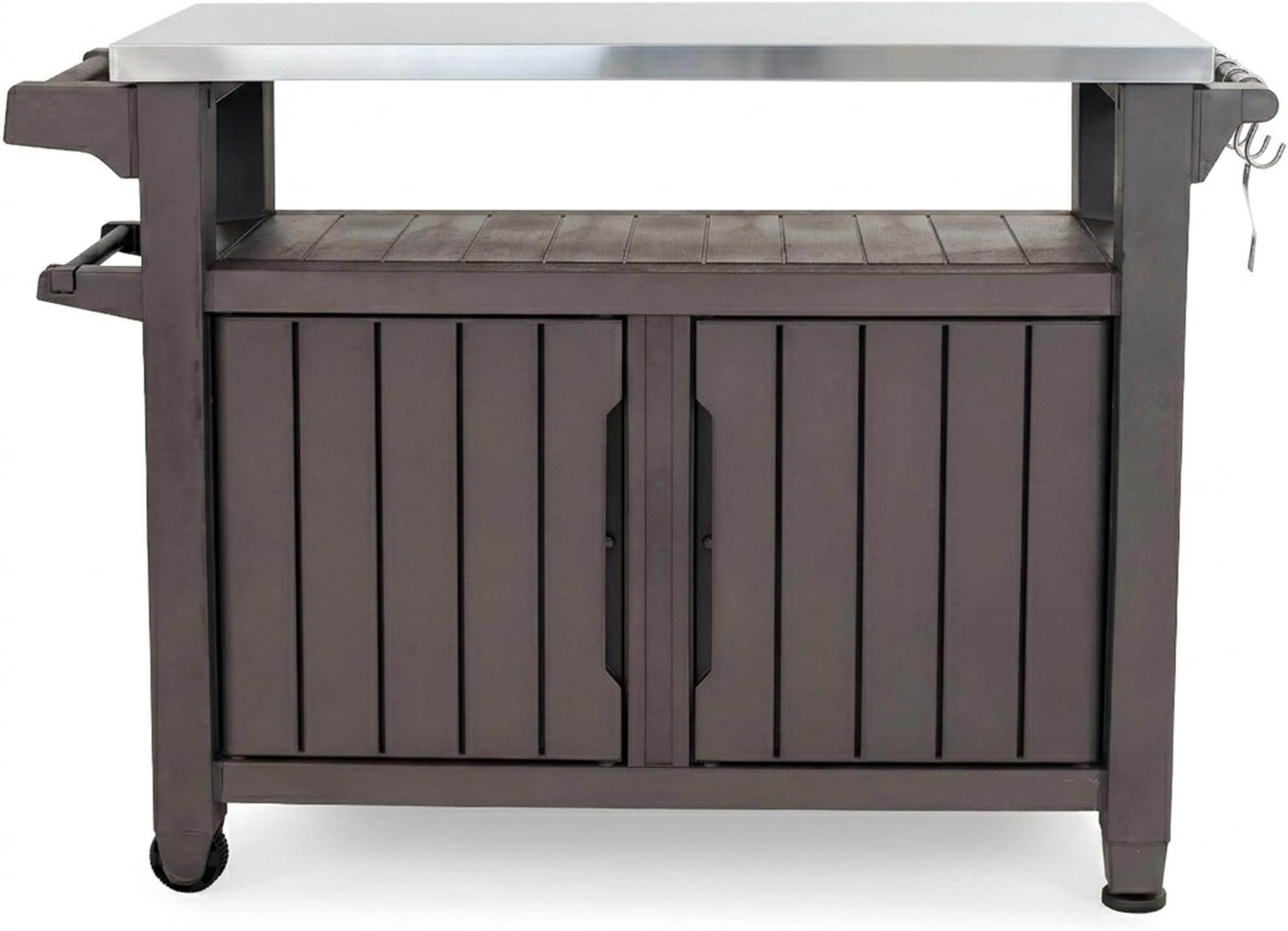 Keter Unity XL Portable Outdoor Table with Storage Cabinet and Stainless Steel Top