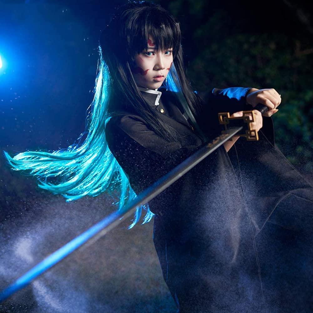 Parrucche Cosplay Parrucca Anime per Donne Capelli lunghi neri con gradiente blu per Halloween, carnevale, feste in costume con cuffia per parrucca