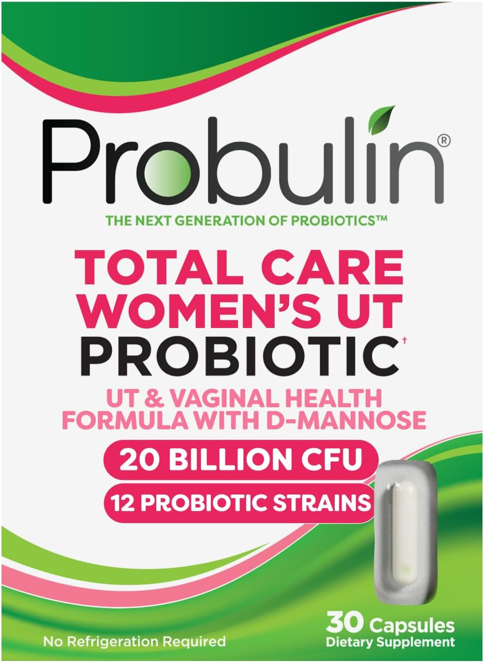 Probulin Total Care Women's Urinary Tract = Prebiotics + Probiotics + Postbiotics to Support a Healthy Vaginal Microbiome - 20 Billion CFU - 12 Strains - 30 Vegan Capsules