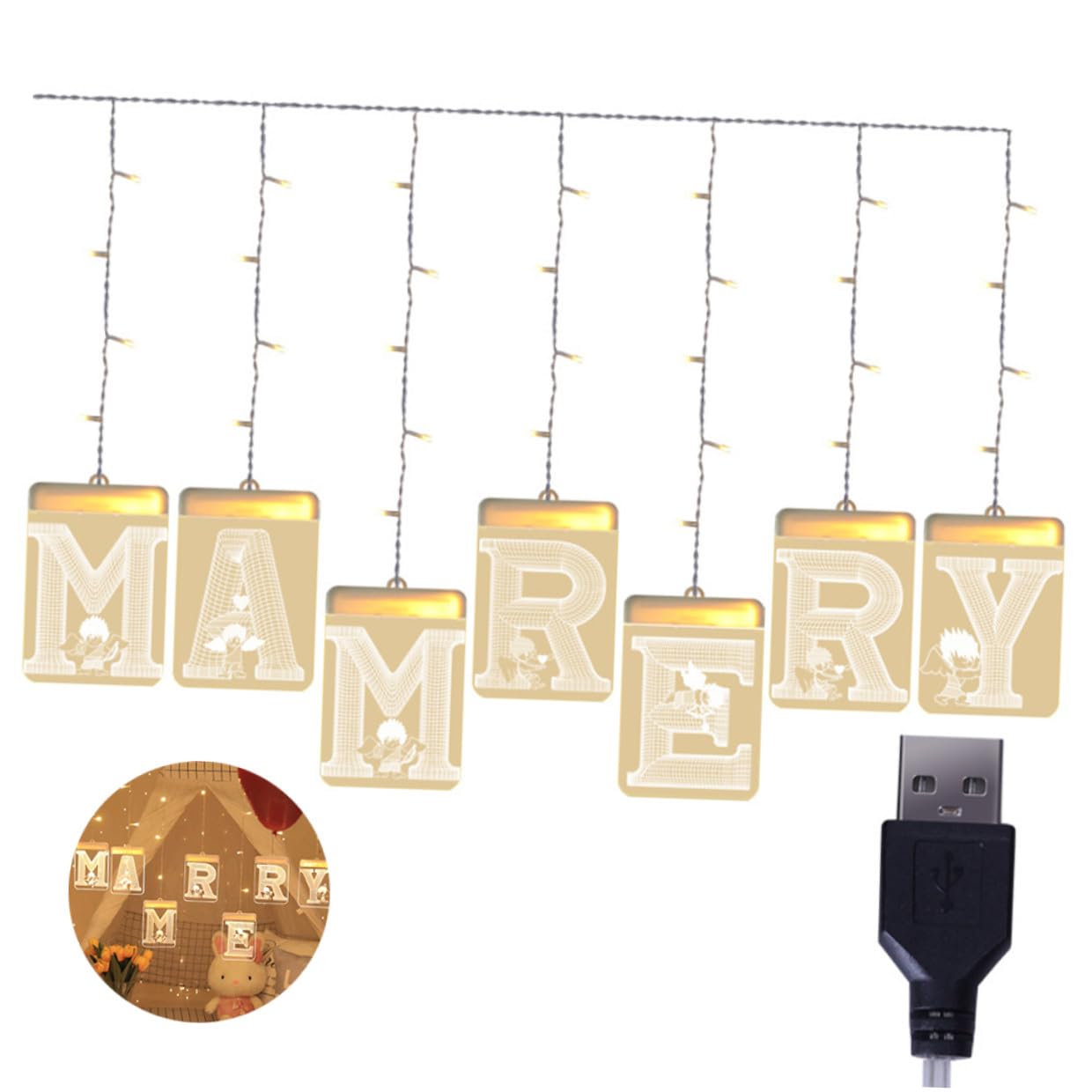 Heirate Mich LED Lichterkette mit USB Anschluss, Acryl | Romantisches Warmweißes Licht, für Party und Hochzeitsdekoration, Beige, Flammenlos