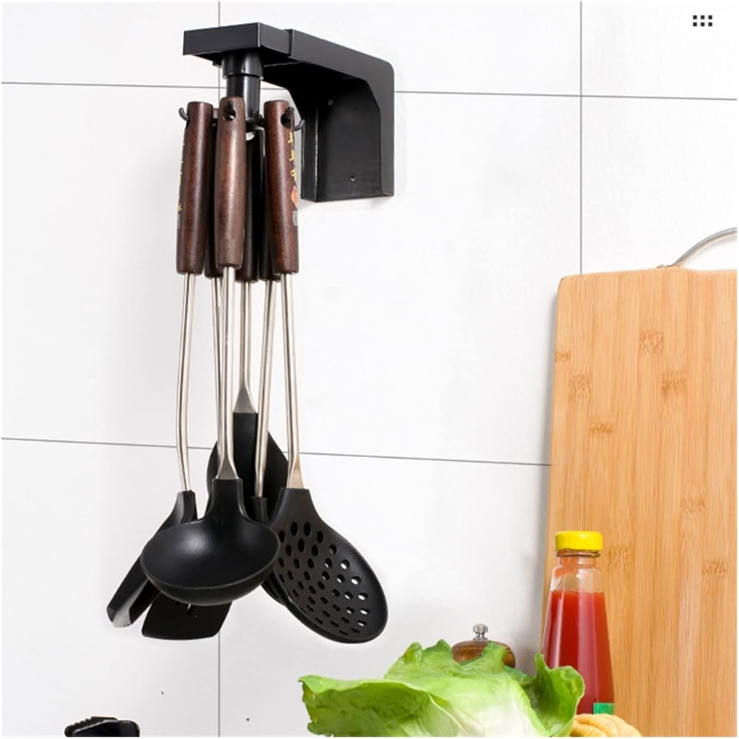 Wall Mounted Kitchen Utensil Holder Multifunctional Organizer With 6 Hooks For Hang Spoons, Towels, Gloves Punch-free Wall-mounted kitchen rack(Light G)