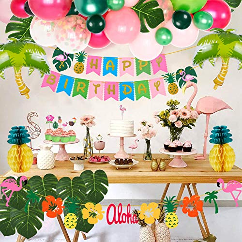 Golray Hawaiian Luau Birthday Party Decorations Supplies Girls Tropical Moana Summer Decor Balloon Arch, Silk Leaves Flowers, Pineapples, Cake Toppers, Trees Balloons, Flamingo Happy Birthday Banner #TOP6