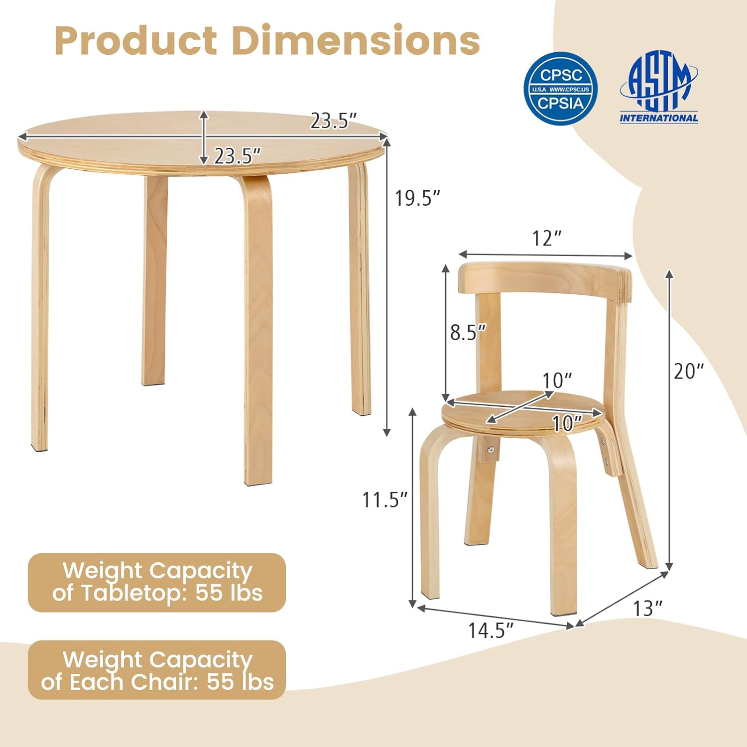 HONEY JOY Kids Table and Chair Set, Bentwood Toddler Round Table and 4 Chairs for Craft Art, Building Block, 5-Piece Children Furniture Set for Daycare, Kindergarten, Playroom (Natural)
