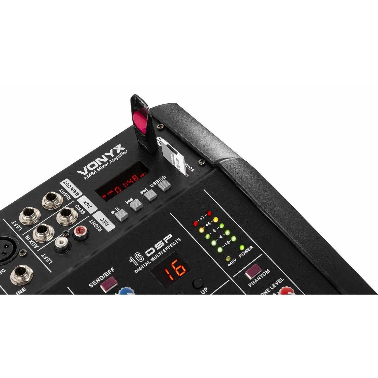VONYX AM8A Mixer 8 Canali con Amplificatore da 1000 Watt Integrato, Bluetooth, MP3/USB/SD, 16 Effetti Digitali, Ingresso RCA, Audio Professionale, DJ, Discoteca