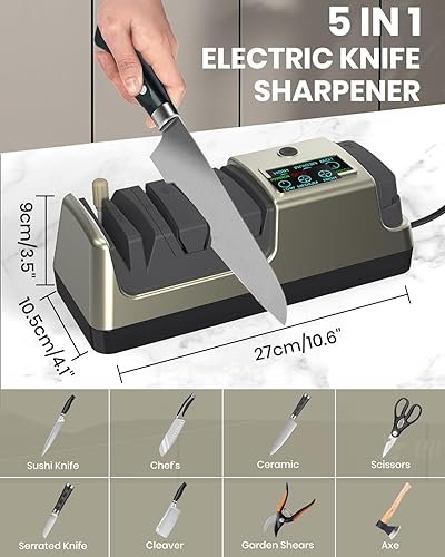 Miniatura 2 de Afilador de cuchillos eléctrico 5 en 1 con pantalla LCD, 3 velocidades de rotación ajustables, 100% abrasivos de diamante para cuchillos de carne