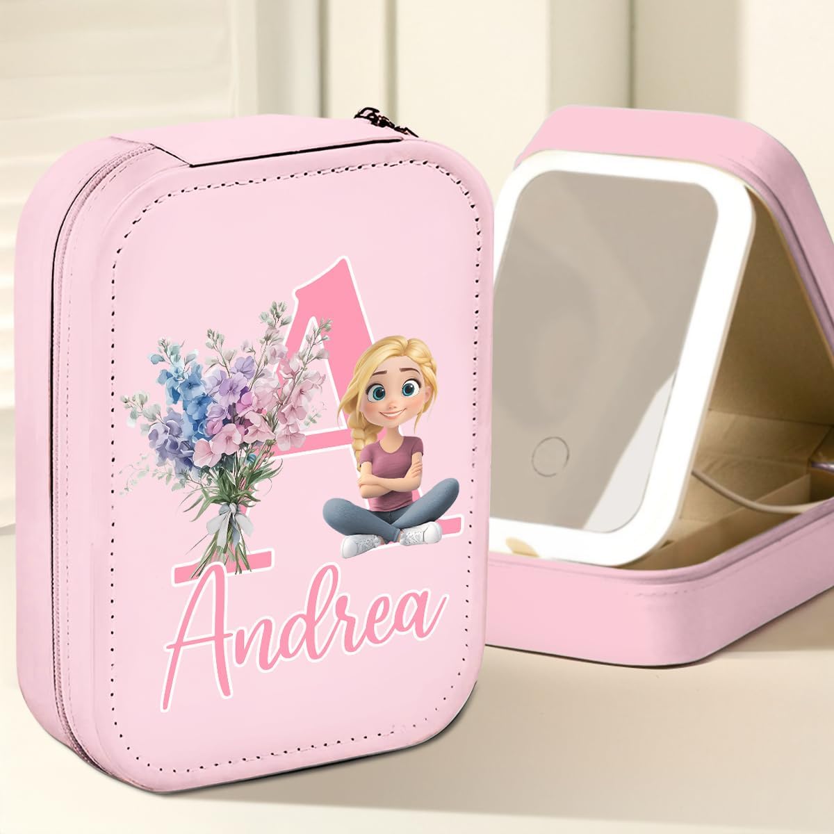 Wrappiness Women & Girls Floral Makeup Box With LED Mirror - Personalized Initial Letter and Birthmonth Flower Travel Comestic Case Gift for Daughters Sisters Friends Coworkers on Birthday Christmas