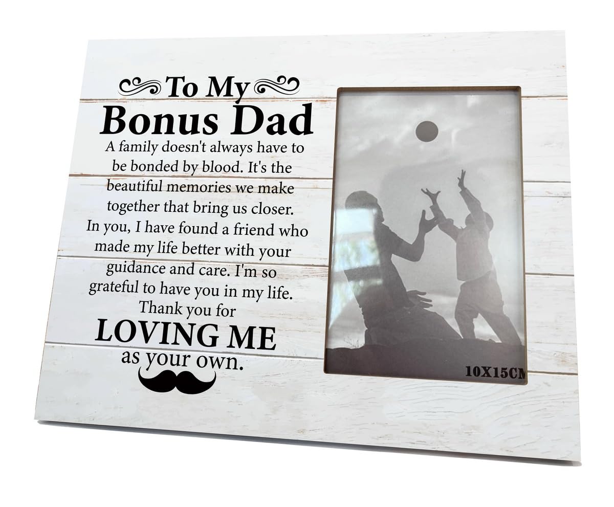 EDCTO Gift for Bonus Dad, 4X6 Rustic Wooden Picture Frame, Record Photo Frame, Step Daddy Gift for Father's Day, Adopted Dad Gifts, Birthday Gifts for