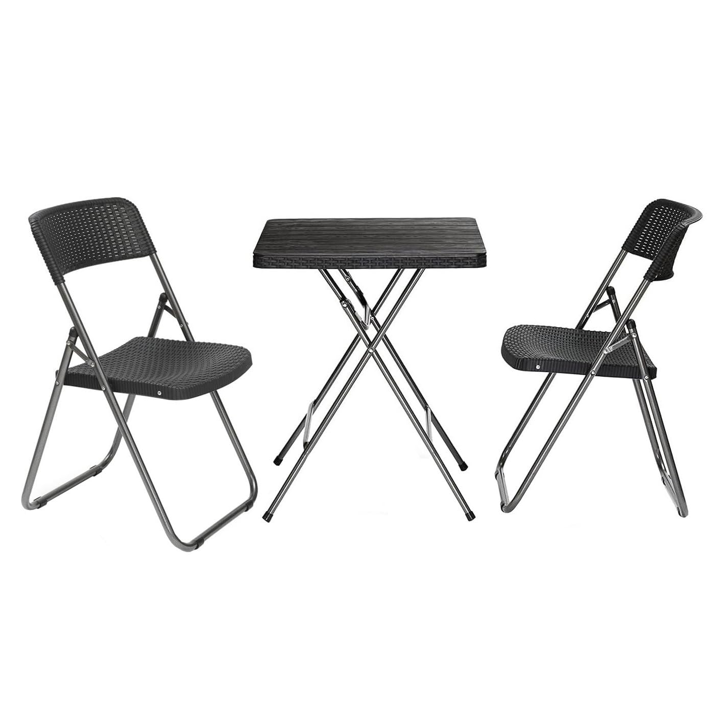 Garden Gear Rattan Effect Folding Bistro Set, 2 Seater Outdoor Balcony Set with Table Weatherproof UV Resistant, Steel Frame, No Assembly Easy Storage
