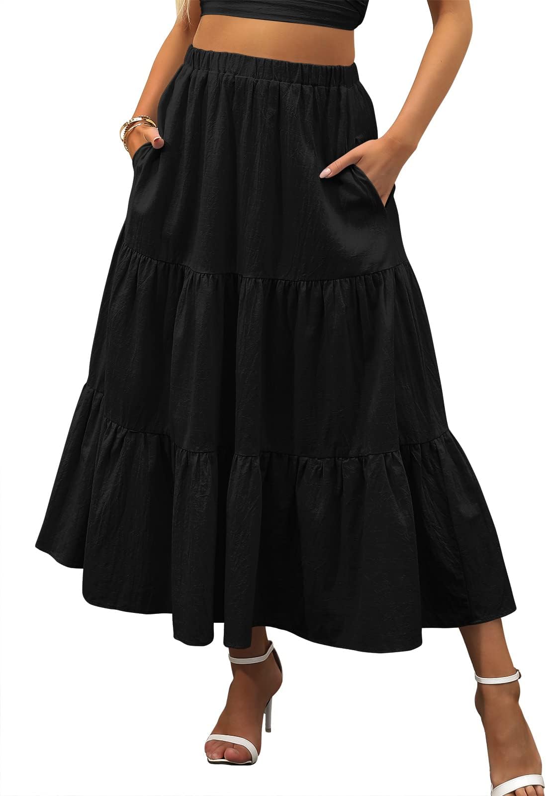 Women’s Summer Boho Flowy Swing Tiered A-Line Maxi Skirt 2026 Fashion Trendy Elastic Waist Pleated Long Beach Dress