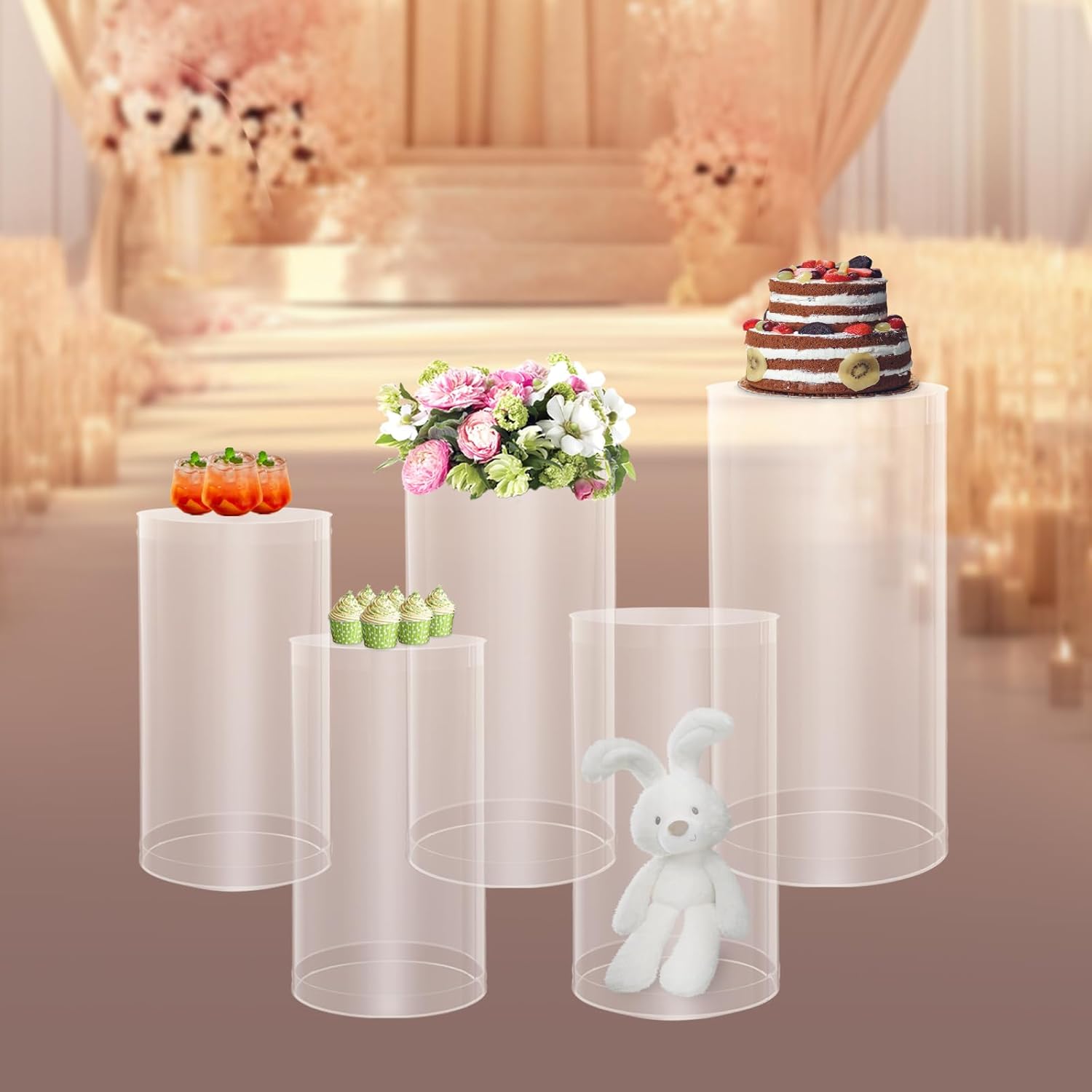 White Cylinder Stands, PVC Round Party Pedestal Stands Set, 3 Pac 5 Pcs Reusable Dessert Display Tables, Flower Plant Display Plinth Pillars for Wedding Birthday Event Decor (5 PCS)