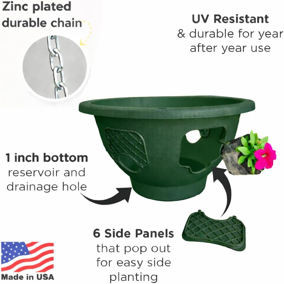 Ultimate Hanging Basket Strawberry & Flower Planter – 6 Side Planting Spaces, Drainage Hole, 1” Water Reservoir, Zinc-Plated Chain Included, Made in the USA (Deep Forest)