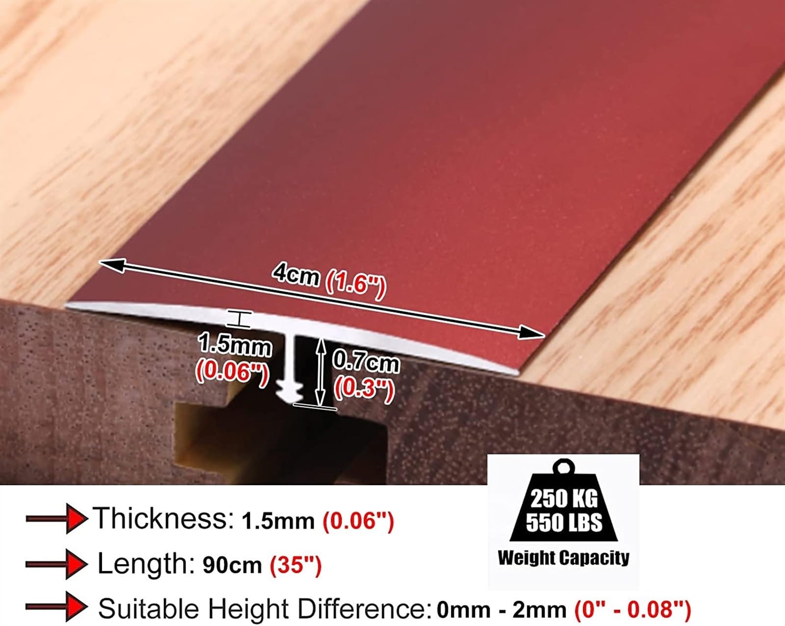 Profilo di Transizione, Striscia di Soglia, Transizione del bordo del tappeto, riduttore a T con finitura smerigliata, for pavimenti irregolari/pavimenti in legno duro/portico/garage(Red)
