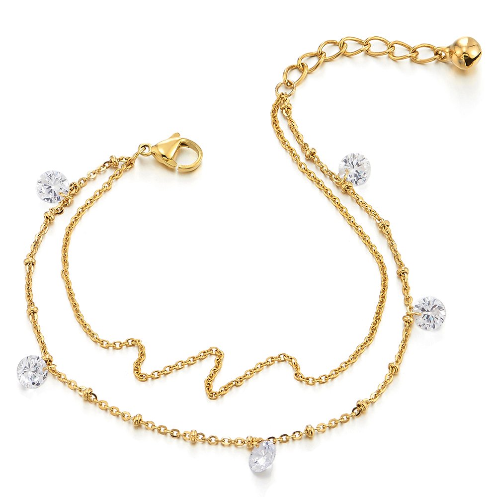 Deux Rangs Acier Inoxydable Femme Bracelets de Cheville avec Zircone Cubique
