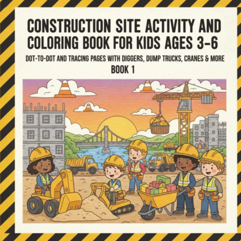 Construction Site Activity and Coloring book for Kids Ages 3–6: Dot-to-Dot and Tracing Pages with Diggers, Dump Trucks, Cranes & More BOOK 1
